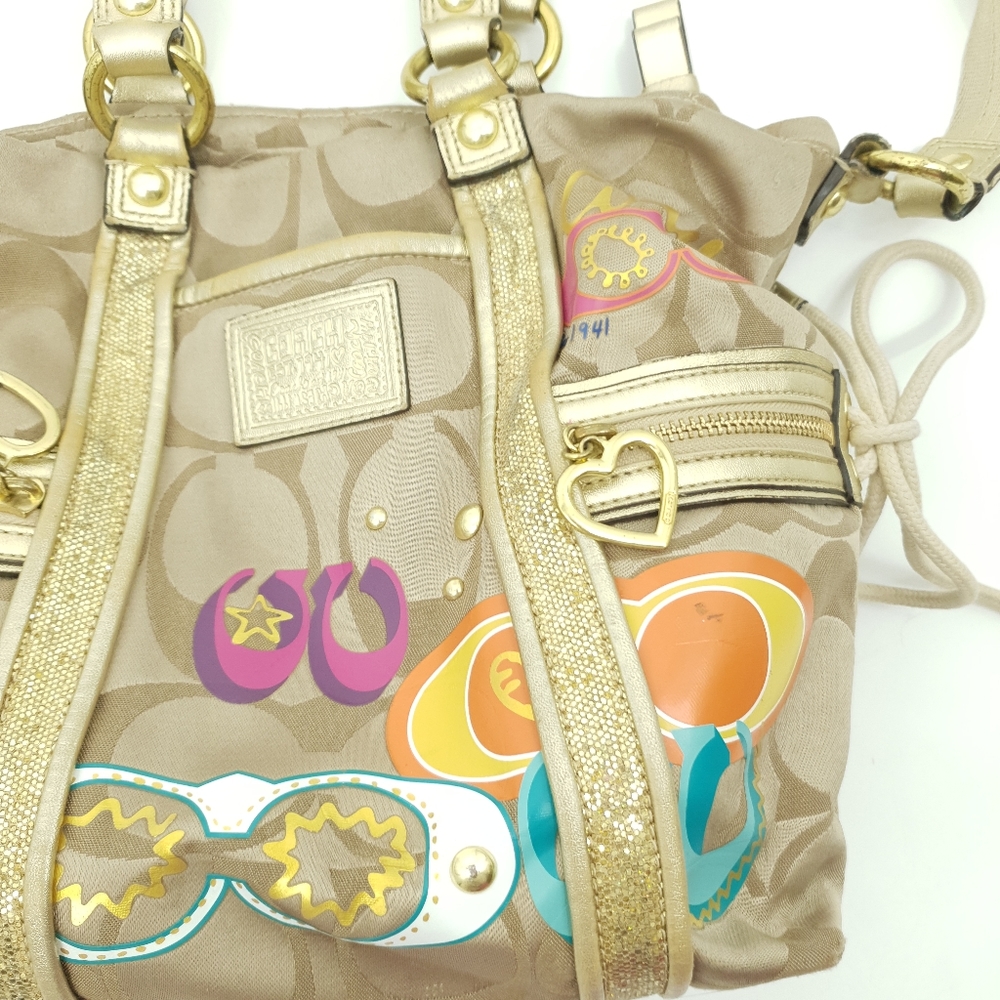 Coach Poppy Applique Purse Shoulder Bag Gold Sparkly Colorful Hearts Pink Inside - Picture 3 of 12